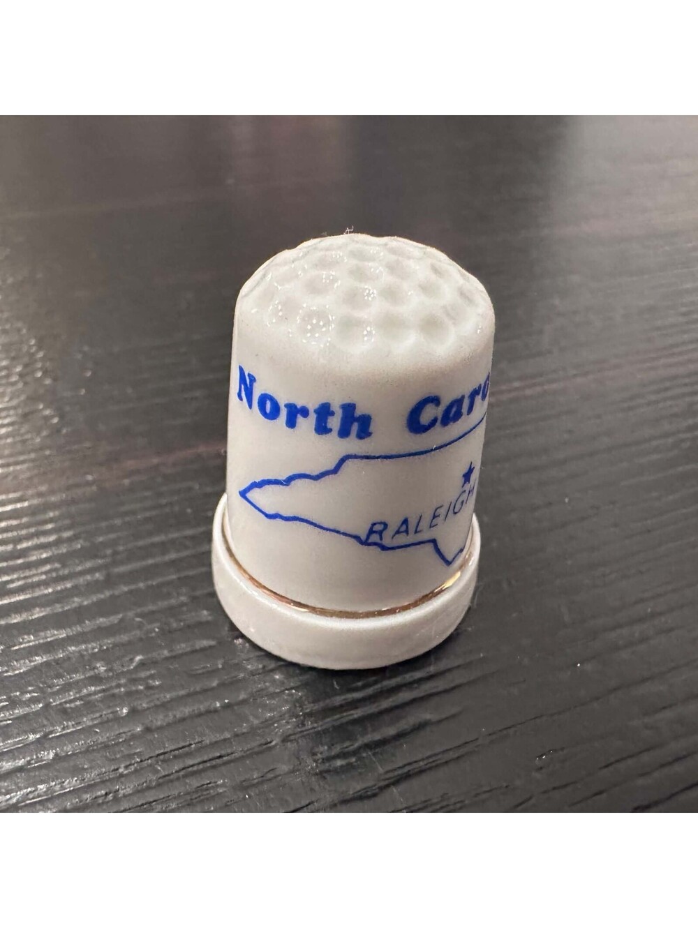 North Carolina Raleigh State Map Souvenir Thimble Gold Trim EUC